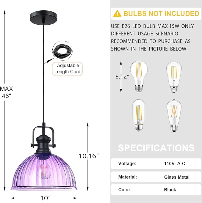 Leading Lighting 1 Light Pendant Light Hanging Modern Farmhouse Indoor Fixture 10" Purple Textured Glass Black Finish Dinning Over Sink Kitchen Island
