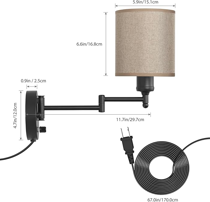 CADUKE Wall Lamps Plug in, Swing Arm Wall Sconce Set of 2 with Light Brown Lampshade, Modern Bedroom Wall Lights Fixtures, Bedside Wall Reading Lights