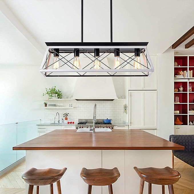 5-Light Pendant Lights Fixture, Farmhouse Chandeliers for Dining Room, Rustic Island Lights for Kitchen, Rectangular Chandelier Rustic Farmhouse Light Fxiture