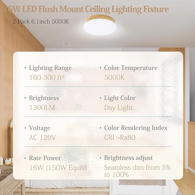 2-Pack Dimmable LED Flush Mount Ceiling Light Fixture 16W, Modern Round Small Ceiling Light Wood Pattern, 6.1” Minimalist Ceiling Lamp for Stair Hallway 5000K 30000h Lifespan
