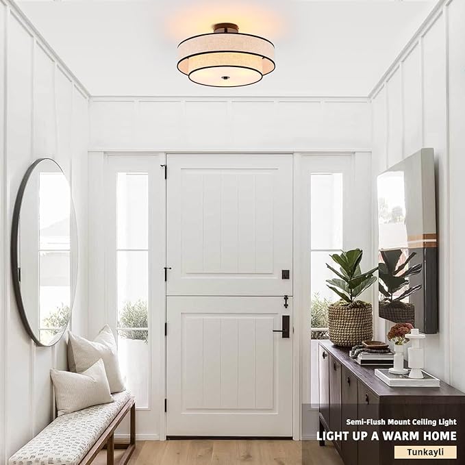 3-Light Drum Semi Flush Mount Ceiling Light, 18" Modern Black Ceiling Lighting Fixture, Vintage 2-Tier Linen Ceiling Lighting for Living Room, Bedroom, Kitchen, Dining Room, Hallway, Entryway