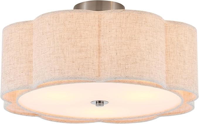 Semi Flush Mount Ceiling Light, Beige Linen Fabric Shade Ceiling Light, Chrome Modern Farmhouse Close to Ceiling Light for Bedroom, Hallway, Living Room, Dining Room, Laundry Room