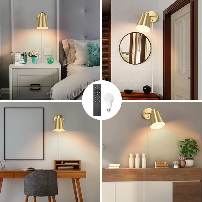 VATONI Plug in Wall Sconces with Remote Control, Adjustable Color Temperature 2700K-6000K and Dimmable Wall Sconces Gold Wall Lights with Plug in Cord for Bedroom Bedside Stairway(2 Pack, 2 Bulbs)