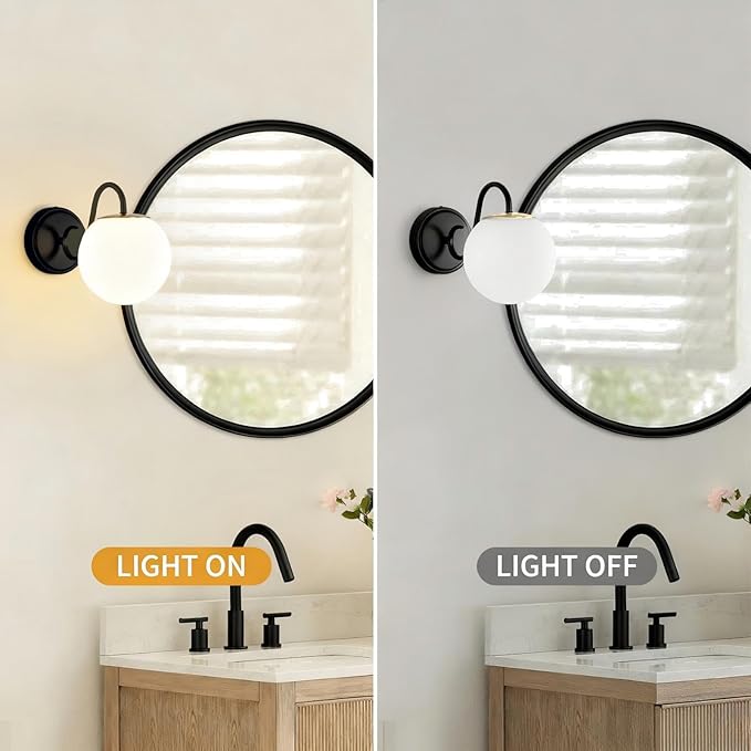 2-Pack Wall Sconce for Bathroom, Vintage Matte Black Vanity Lights, Wall Mount Light Fixtures With Milk Glass Globe Shade, Indoor Wall Lights Fixture for Bedroom Living Room Mirror Hallway(G9 Incl.)