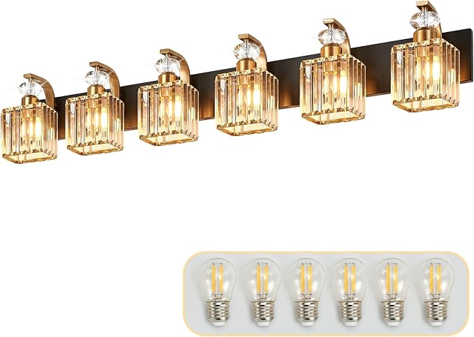 Modern Bathroom Vanity Light, 6-Light Black Gold Bathroom Lighting Fixtures Over Mirror, 44.1" Crystal Wall Light Sconce for Bathroom/Bedroom/Vanity, Includes LED Bulbs, Easy Installation