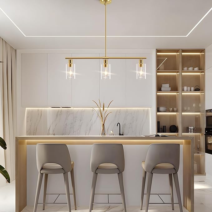 Kitchen Island Lighting, Linear Chandeliers Rectangle Pendant Light Fixtures for Dining Room Farmhouse Hanging Light with Glass Shades (Gold, 3 Lights)