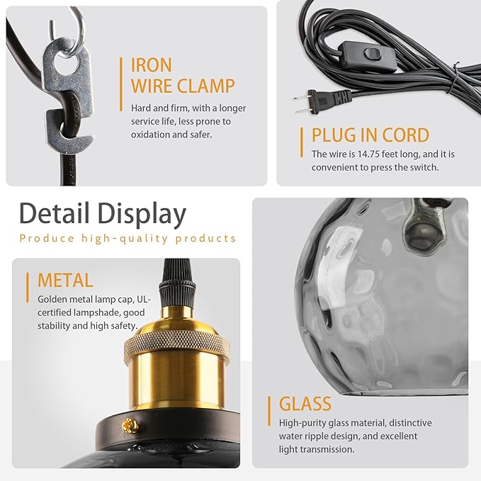 Smoke Glass Pendant Lighting with Plug in Cord, Mid Century Modern Hanging Ceiling Light Fixture Plug in Hammered Globe Hanging Pendant Lamp for Kitchen Island Dining Room Living Room (2 Pack)