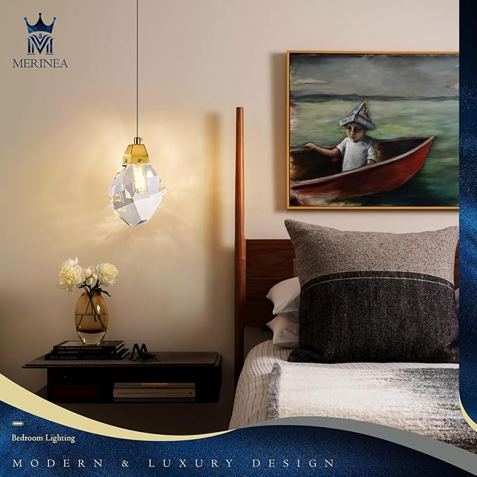 Diamond Crystal Pendant Light, 1-Light Mini Hanging Ceiling Light in Gold Brushed Brass Finish with Prism Crystal and Color Changing LED for Kitchen Island, Dining Room, Bedroom, Hallway, Bar