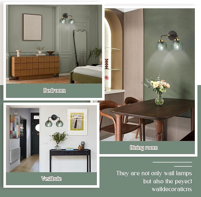 Glass Wall Sconce 2 Light Bathroom Vanity Light Green Globe Wall Lamp with Ribbed Glass Shade Mid Century Modern Wall Sconces Black Gold Vanity Light for Over Mirror Bedroom Hallway