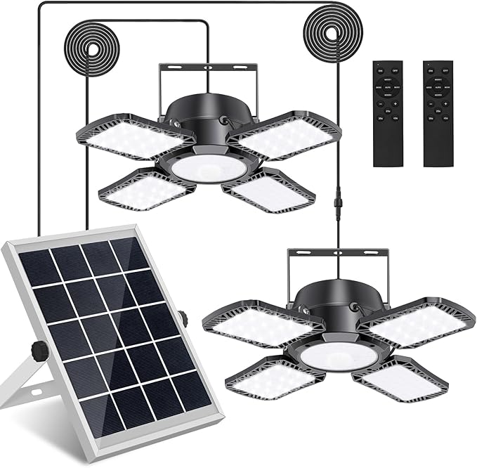 Solar Shed Light Indoor Outdoor, Aqonsie 176LED Solar Powered Pendant Light Daytime Available, Dual Lamps Motion Sensor Indoor Light with 5 Lighting Modes & Remote for Shed, Gazebo, Barn, Garage, Shop