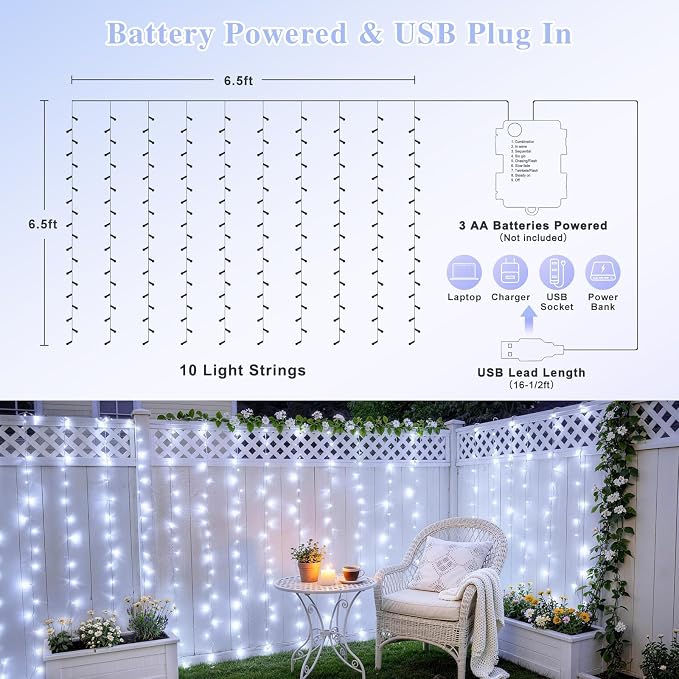 JMEXSUSS 200 LED Fairy Curtain Lights Battery Operated & USB Plug in - Remote Curtain String Lights for Bedroom with 8 Modes, Waterproof Window Lights Outdoor for Backdrop Wedding Party Decor, White