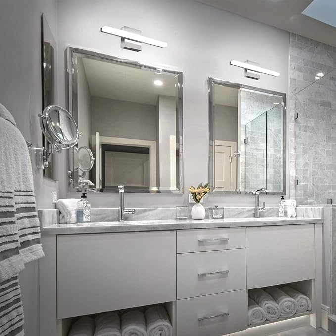 Combuh LED Bathroom Vanity Light Bar 16 Inch 9W IP44 Over Mirror Lighting Fixture Wall Sconces Indoor Modern Cool White 6000K Chrome Set of 2