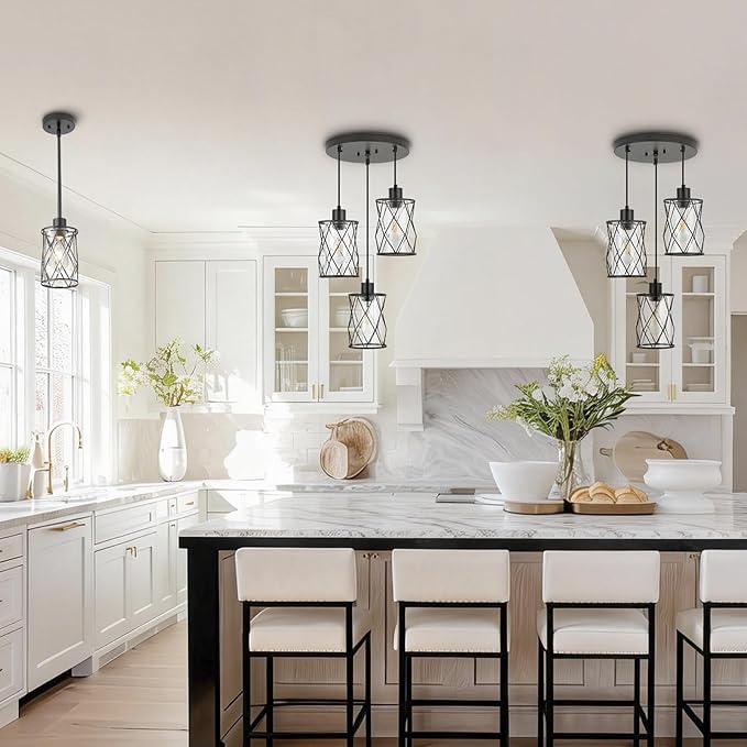 Refice 3-Light Pendant Lights Kitchen Island, Black Kitchen Cluster Hanging Pendant Lights with Clear Glass, Modern Cage Chandelier Light Fixture for Sink Dining Room Bedroom Bar