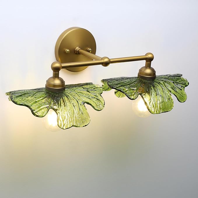 Pathson 2-Lights Wall Sconce Green Petal Glass, Hardwired Double-Head Bathroom Sconces Boho Brass Vanity Light for Wall Decor Living Room, Kitchen Sink, Bedroom, Farmhouse