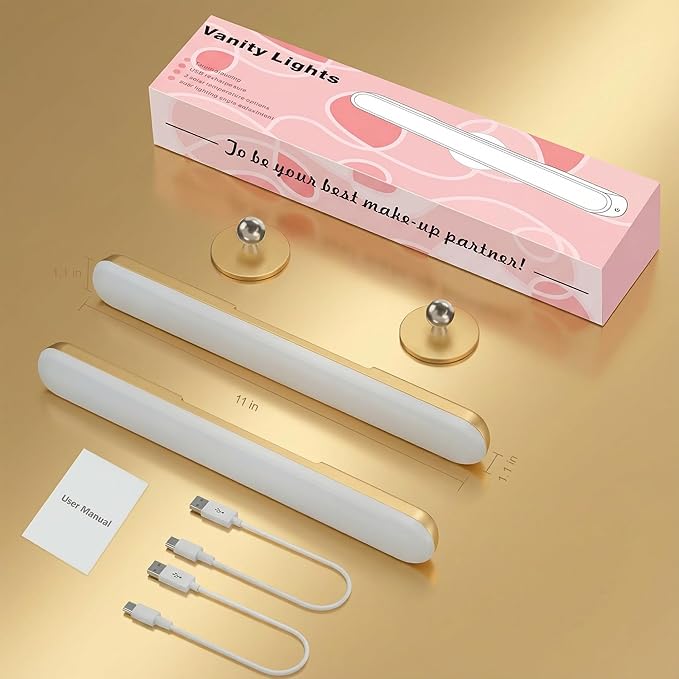 Benreom 2 Pack Wireless Vanity Lights for Mirror, Rechargeable Battery Operated Makeup Light, Adjustable Light Bar, Magnetic Stick on LED Lighting Bathroom Decor Accessories, Gold