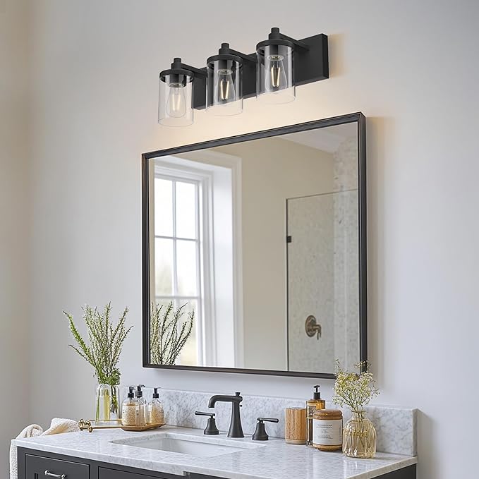 Bathroom Vanity Light, 3 Light Matte Black Vanity Light Fixture with Clear Glass Shade, 22 in Modern&Farmhous Vanity Lights, Bathroom Light Fixtures Over Mirror for Bathrooms, Livingroom