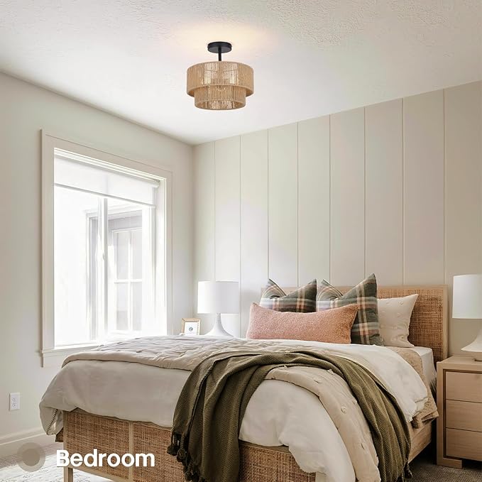 12.6'' Boho Light Fixtures Ceiling Mount, Coastal Hemp rope Semi Flush Mount Ceiling Light Fixture,3-Light Rustic Rattan Ceiling Light With 2-Tier Drum Shade, Nursery Light Fixture Bedroom Chandelier