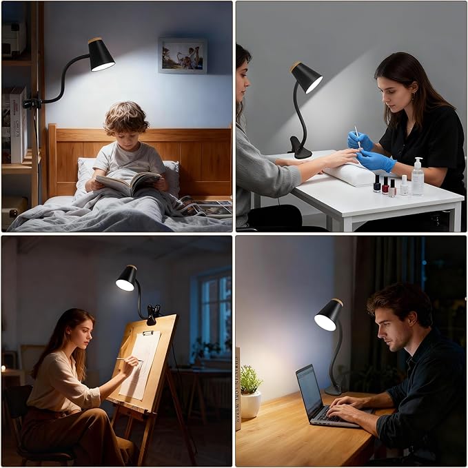 EJIAXIN Clip on Desk Lamp for Home Office - Small LED Touch Dimmable Reading Light for College Dorm Room - Adjustable Flexible Gooseneck Clamp Light Table Lamp for Bedside Bedroom Bed Headboard Black