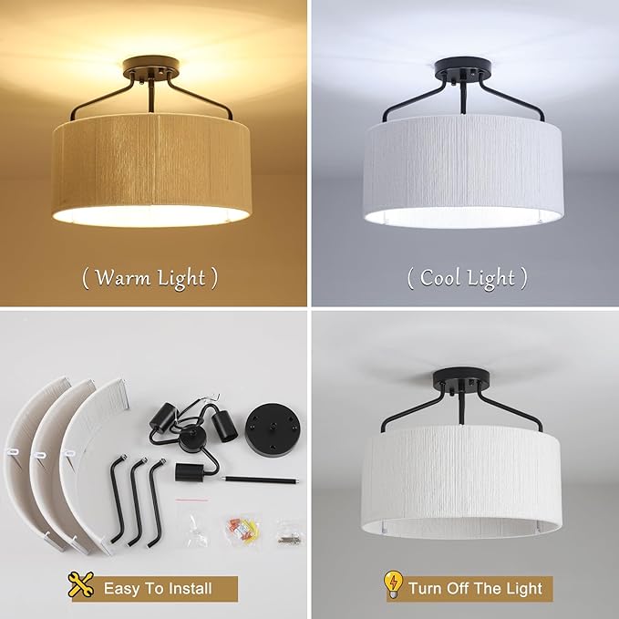 Rattan Black Ceiling Light Fixtures Flush Mount 3 Lights Boho Semi Flush Mount Ceiling Light with Shades White Drum Chandelier Close To Ceiling Light for Bedroom Living Room Kitchen Hallway Entryway