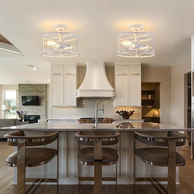 White Semi Flush Ceiling Light Fixture, 2-Light Farmhouse Flush Mount Light Fixtures, Modern Industrial Metal Cage Pendant Lighting for Hallway, Bedroom, Kitchen, Foyer, Living Room, Dining Room