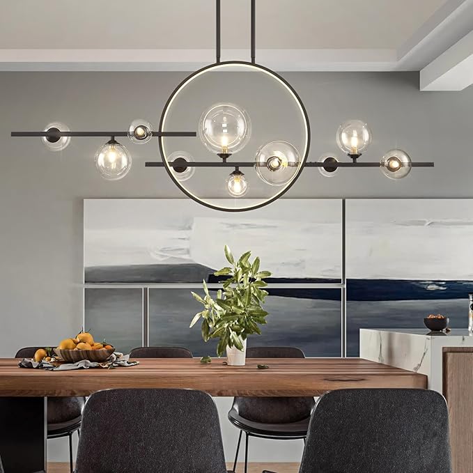 KELUOLY 10 Lights Modern Pendant Light Fixtures, 54" Black Dimmable Mid-Century Dining Room Large Bubble Chandeliers, Linear Kitchen Island Lights with Spherical Clear Glass Shade for bar, Cafe