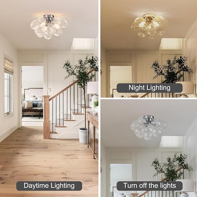 GoYeel Ceiling Light Chandelier Modern Kitchen Lights Ceiling Flush Mount Glass Bubble Chandelier Lighting 3 Light Entryway Light Fixture 17.72in 13 Globe for Bedroom Foyer Living Room