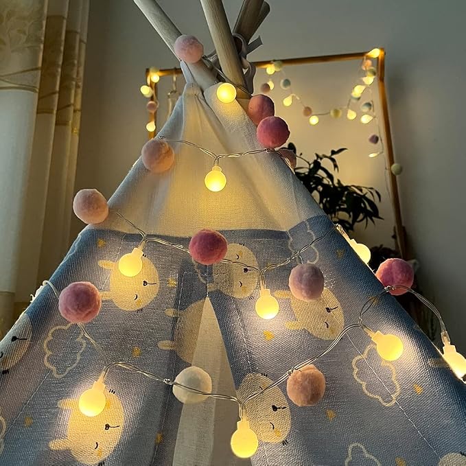 ChiRee Indoor String Lights 6.56 Feet Pom Poms Fairy 20 LED Battery Operated Ball Warm White Globe Colorful Decor for Home Bedroom Kids Playhouse Holiday Christmas