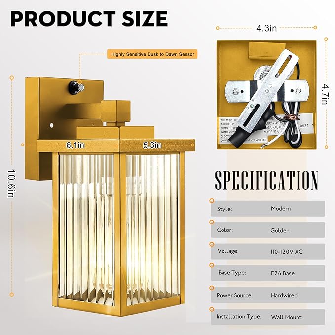 2 Pack Dusk to Dawn Outdoor Lighting, Waterproof Outdoor Porch Light with Tempered Glass, Outdoor Light Fixture for House Exterior Front Door Garage Patio (Gold Color)