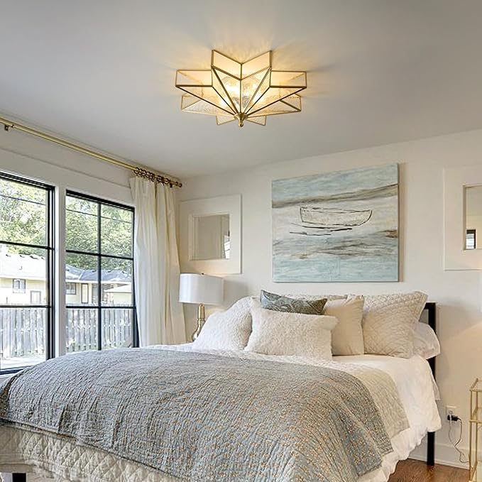 Star Brass Glass Ceiling Light - 19.5 In Gold Hammered Large Flush Mount Fixture - Art Deco Mid Century Vintage Modern Moravian Lighting Lights for Bedroom Dining Entryway Foyer Living Room