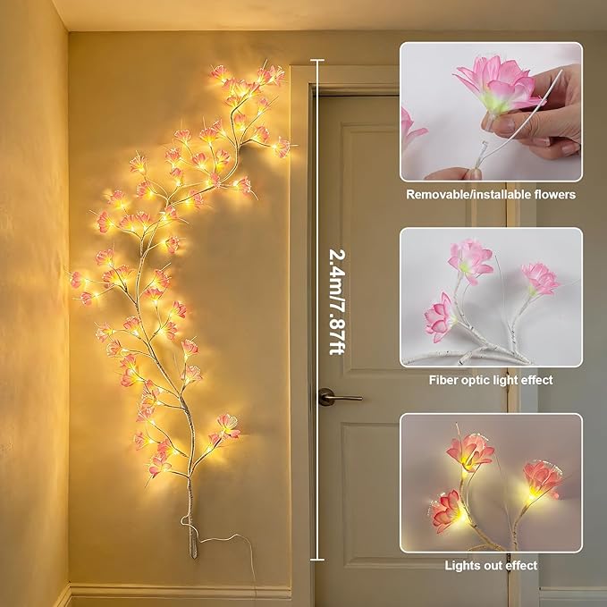 Cherry Blossom Tree Branch Lights: Cherry Blossom Willow Vine Garland with 54 LED Light and Remote for Wall Decor - 4 Lighting Modes Christmas Indoor Decorations for Home Bedroom Window (Pink)