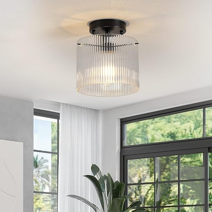 Modern Semi Flush Mount Ceiling Light, Industrial Clear Glass Ceiling Light, Crystal Ceiling Lamp, Farmhouse Hallway Light Fixtures for Entryway Kitchen Dining Room, Black