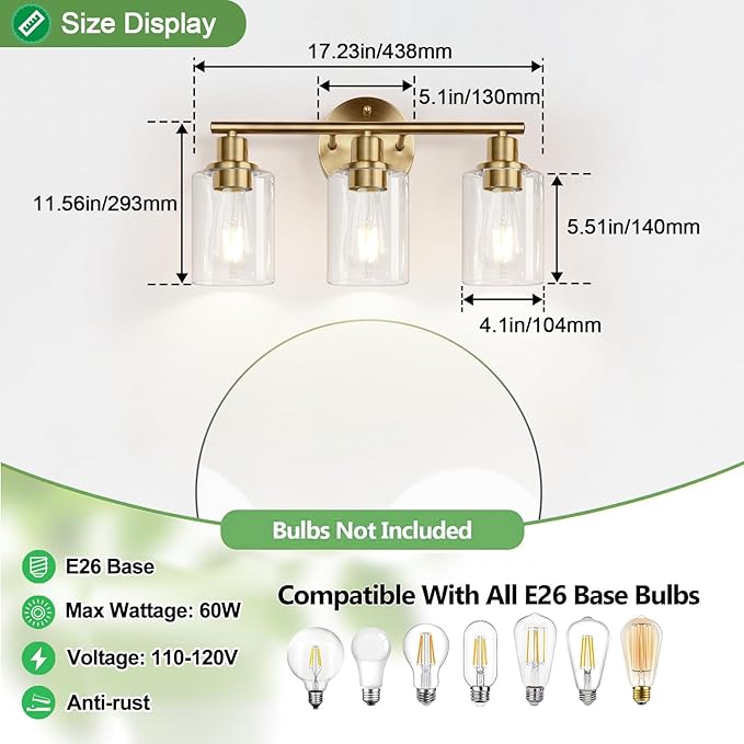 Zarbitta 3-Light Bathroom Light Fixtures, Brushed Brass Bathroom Wall Lights with Clear Glass Shade, Modern Bathroom Wall Lamp for Mirror Kitchen Living Room Hallway Cabinet