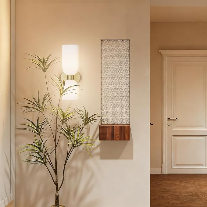 Tipace Gold Wall Sconces Set of Two,Modern Bathroom Sconce with Milky White Glass,Hardwired Wall Light Fixtures for Bathroom Living Room Bedroom Hallway,E12 Base(Bulbs Not Included)