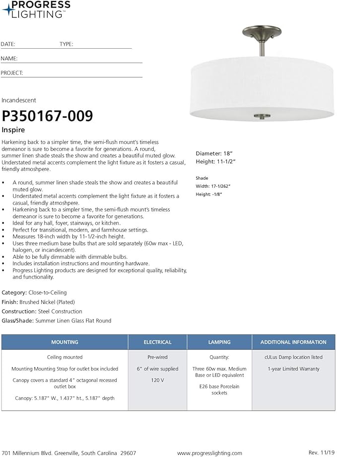 Progress Lighting P350167-009 Inspire Close-to-Ceiling, Brushed Nickel, 11.50x18.00x18.00