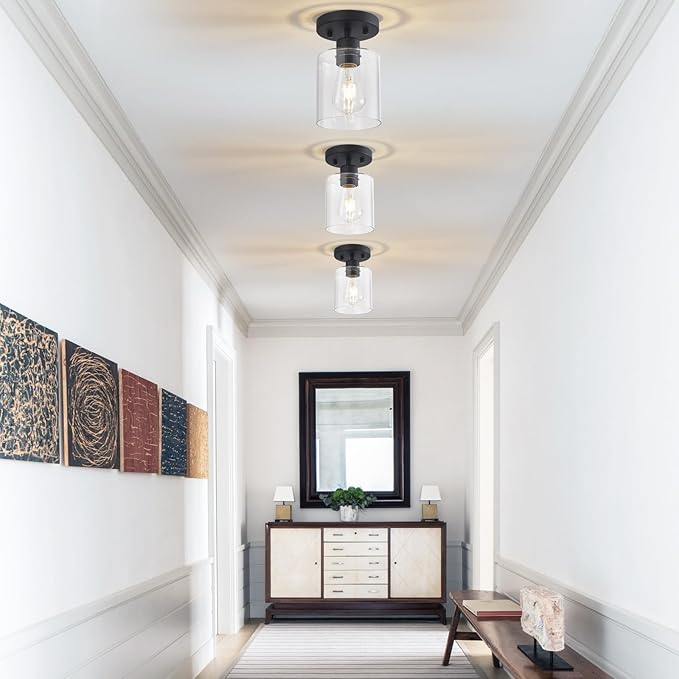 YYT Hallway Light Fixtures Ceiling Black 1 Light Semi Flush Mount Ceiling Light Hallway Light Fixtures Small Cieling Lights Single Light Fixture with Clear Glass Shade Set of 1