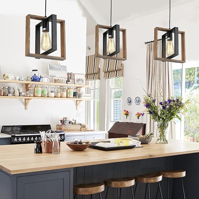Black Pendant Lighting Modern Pendant Light, Adjustable Pendant Light Fixture,Pendant Lights Kitchen IslandLight (2 Packs Wood+Metal Pendant Light)