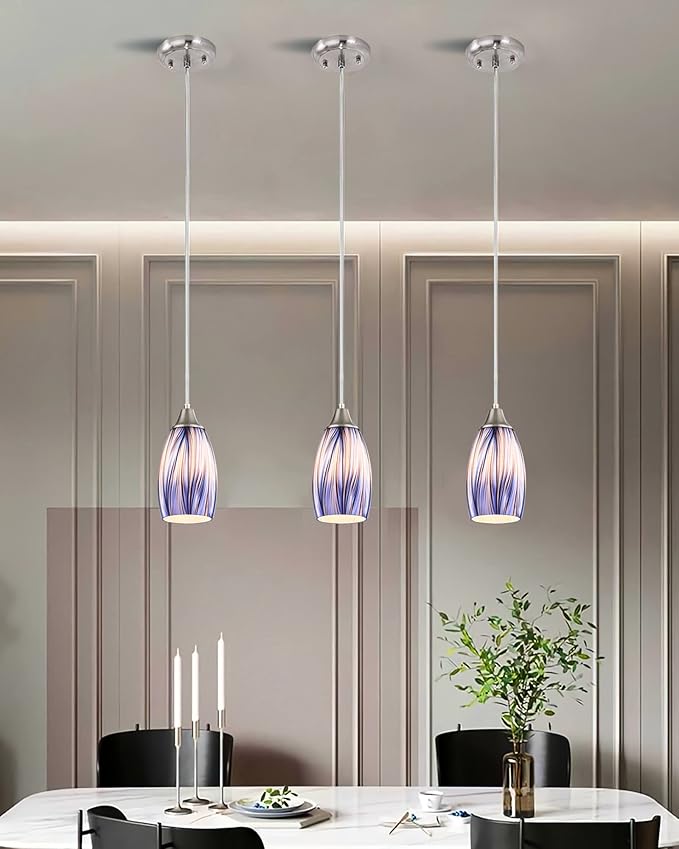 karyfine Dark Blue Glass Mini Pendant Lights for Kitchen Island 3Pack Blown Art Glass Pendant Lighting Shade Hanging Pendant Lights with Brushed Nickel Finish for Kitchen Over Sink,Dining Room