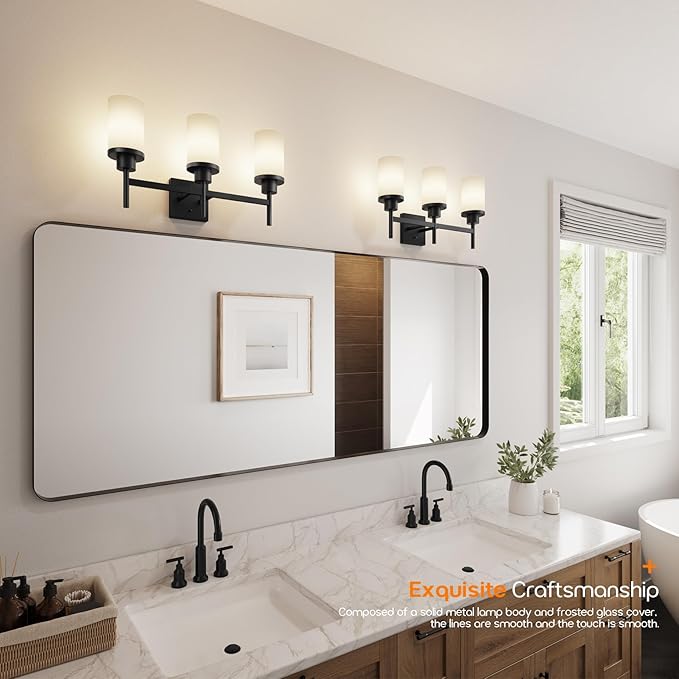 Bathrom Light Fixtures Matte Black 3 Lights Over Mirror, Wall Sconces Lighting with White Frosted Glass Shade for Toilet Washroom Bath T001MB-L3