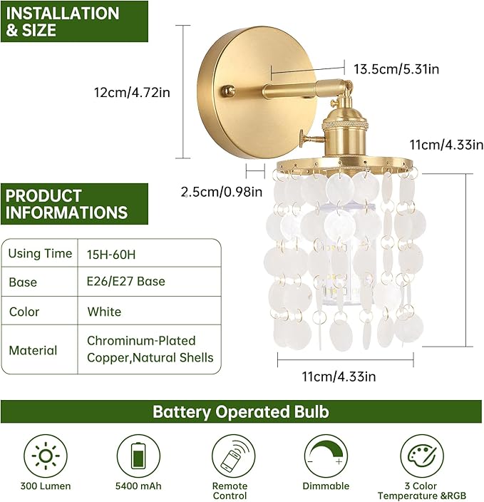 Shenmoyl Battery Operated Wall Sconce with Shell Shade, Rechargeable Wall Lamp with 5400mAh Battery & Remote Control, Modern Dimmable Wireless Wall Lights for Bedroom Bathroom (White, Gold Base)
