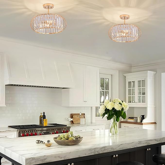 16 Inch Semi Flush Mount Crystal Ceiling Light, 3-Light Metal Cage Hallway Ceiling Lamps, Farmhouse Ceiling Light Fixture, Industrial Crystal Chandelier for Corridor Bathroom Kitchen (Gold, 16 Inch)