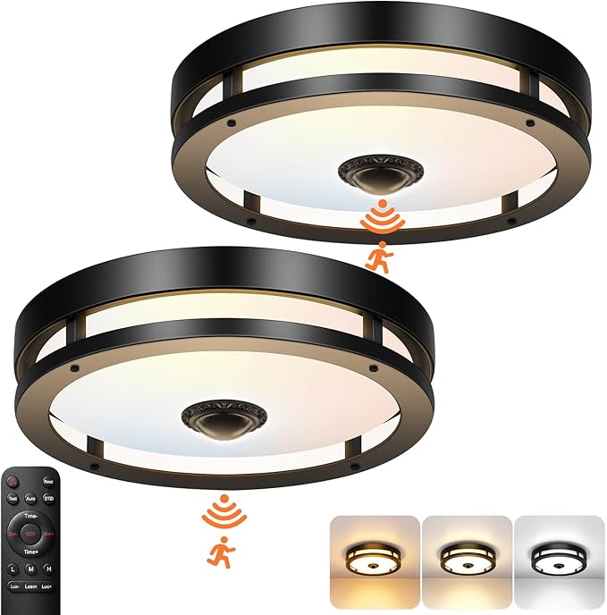 Outdoor Motion Sensor Ceiling Light with Remote,24W Dimmable & 2700K-3000K Adjustable Exterior Flush Mount Ceiling Lights,12" Outdoor Porch Light Fixture for Garage,Entryway,Patio,2 Pack