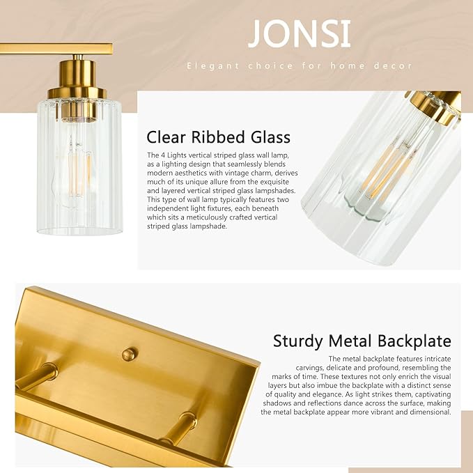 Jonsi Brushed Gold Bathroom Light Fixtures, 4-Light Brushed Gold Vanity Light, Bathroom Vanity Light with Stripe Glass Shade, E26 Wall Sconces Over Mirror for Bathroom, Living Room, Hallway