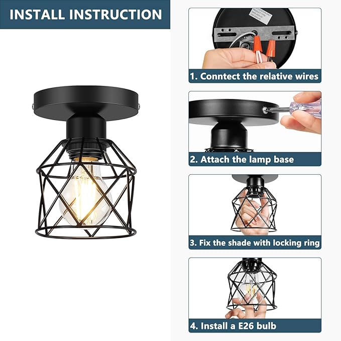 FadimiKoo 4-Pack Semi Flush Mount Light With LED Bulb, Farmhouse Hallway Ceiling Fixture, Black Retro Metal Cage Indoor Lamp for Kitchen Bedroom Entryway (E26 Base)