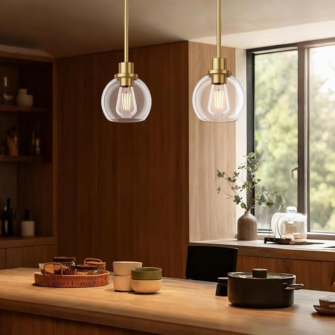 Ralbay Brushed Gold Pendant Light 2-Pack, Farmhouse Pendant Light Fixtures with Globe Clear Glass Shade, Kitchen Island Lighting for Dining Room, Rustic Adjustable Hanging Lighting Fixture
