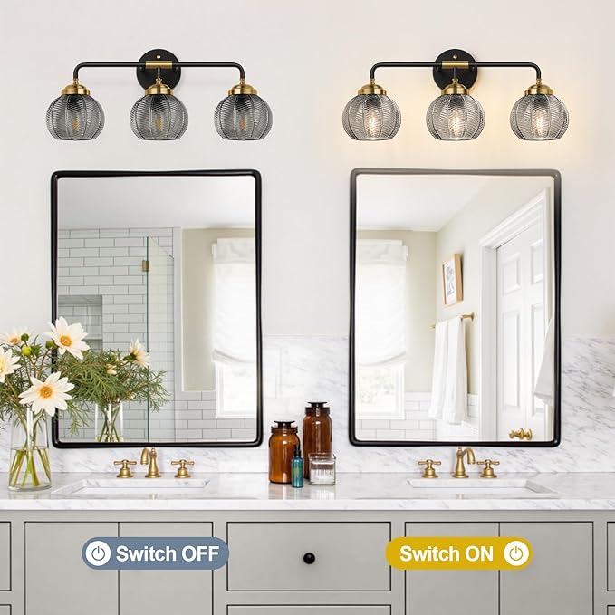 MOKATNG Bathroom Light Fixtures, 3-Light Smokegray Vanity Lights with Unique Leaf Texture Glass Shade, Modern Matte Black and Gold Bathroom Wall Lamp for Mirror Hallway Cabinet Living Room