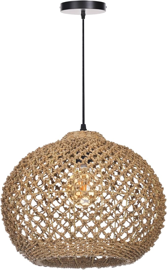 Boho Chandelier, Farmhouse Ceiling Hanging Lamp Shade, Natural Rattan Weaving Light Fixture, Rustic Round Pendant Lighting for Kitchen Dining Room Restaurant Bar, 13.78" W x 11.02" H