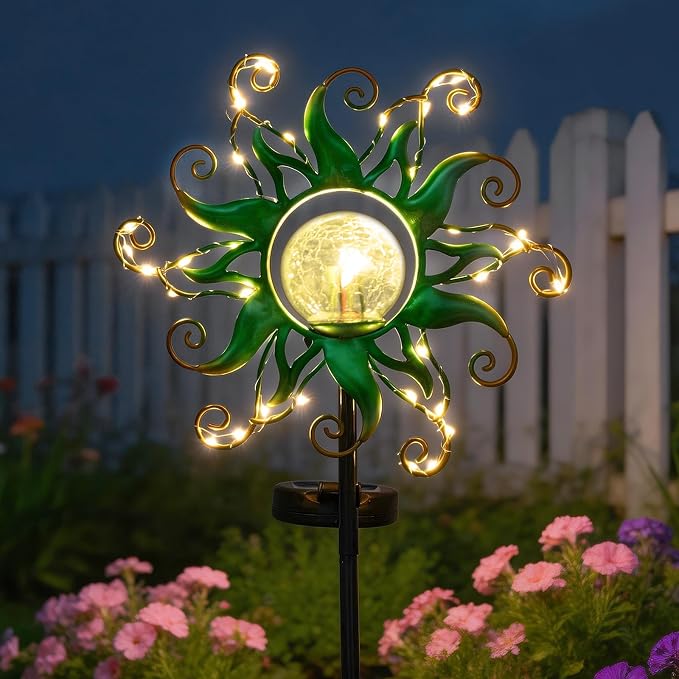 Solar Garden Lights Outdoor, Green Metal Sun Stake with 30 LED Waterproof Vine String Crackle Glass Spring Decor for Patio,Yardr,Lawn Gardening Birthday Gifts