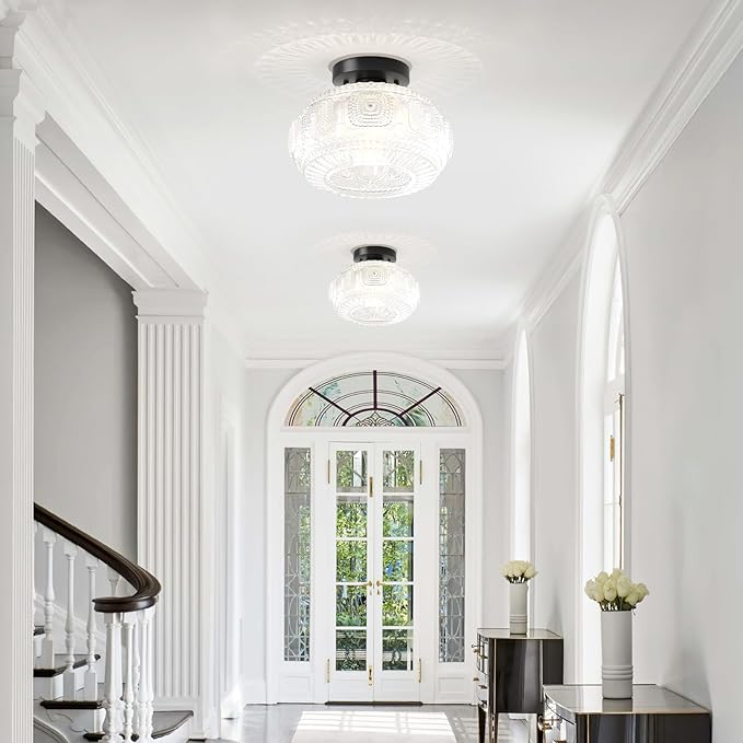 Semi Flush Mount Ceiling Light, Upgraded Larger Black Glass Ceiling Light Fixture, Vintage Lighting for Hallway Kitchen Bedroom Dining Room, Bulb Not Included
