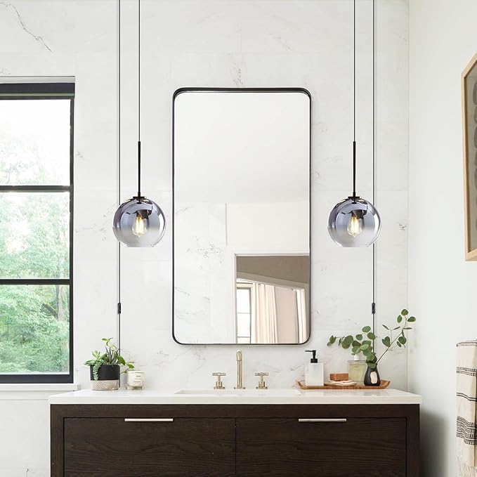 KCO Lighting Plug in Pendant Light Glass Globe Pendant Lights Kitchen Island Black and Silver Plug in Hanging Light Fixture with Cord Mid Century Modern Round Pendant Lighting