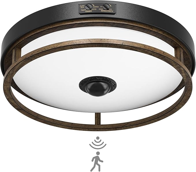 Motion Sensor Outdoor Ceiling Light, Outdoor Flush Mount LED Farmhouse Ceiling Light Fixtures, 12" Dusk to Dawn Porch Lights for Outdoor Ceiling, Rustic Ceiling Lamp for Entryway